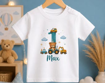 Tenue d'anniversaire personnalisée pour bébé, prénom et numéro personnalisés, T-shirt premier anniversaire sur le thème des camions, T-shirt d'anniversaire pour petit garçon, cadeau d'anniversaire sur le thème de la construction