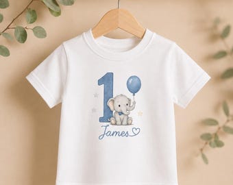 Maglietta personalizzata per il primo compleanno con elefante / Maglietta personalizzata con nome per il compleanno del bambino / Completo per il primo compleanno con elefante / Maglietta per il compleanno del bambino
