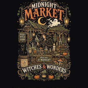Puede incluir: Una ilustración gráfica titulada Midnight Market Witches & Wonders que muestra a una bruja en un puesto con pociones, un gato negro sobre un barril, un fantasma, calabazas y linternas. El texto incluye Secret Witch Goods, Moon Dust, Spells Potions Rituals y Open Only At Midnight.
