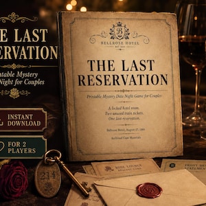 以下が含まれることがあります： 「The Last Reservation」と題された印刷可能なミステリーゲーム。ヴィンテージ風のブックカバー、タグ214が付いた真鍮製のホテルキー、封蝋された封筒、Rose Lounge Request CardおよびFront Desk Statementと書かれた書類が含まれています。