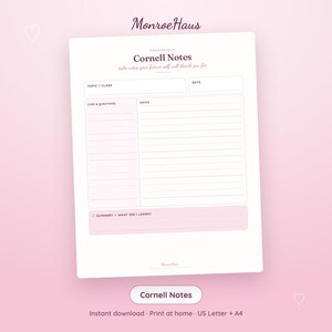 May include: A white Cornell Notes template page with dark text featuring sections for Topic/Class, Date, Cues & Questions, Notes, and a Summary. The header reads MonroeHaus and Cornell Notes, with the phrase take notes your future self will thank you for.