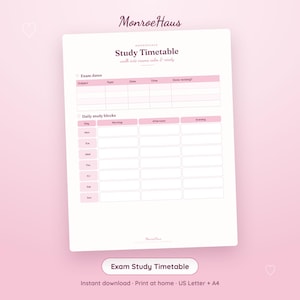 May include: A white study timetable planner sheet with pink accents and headers. The text reads MonroeHaus, Study Timetable, walk into exams calm & ready, Exam dates, Daily study blocks, and days of the week from Monday through Sunday.