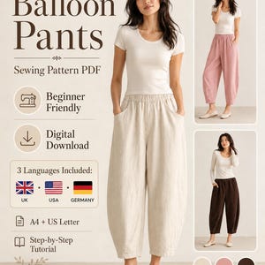 Molde em PDF para Calça Balão, Calça Feminina com Cintura Elástica, Tutorial de Costura para Iniciantes, Tamanhos A4 e Carta (EUA), Reino Unido, EUA e Alemanha