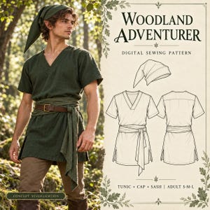 Peut inclure: Un patron de couture numérique intitulé Woodland Adventurer comprenant une tunique à col en V, un bonnet et une ceinture. L'image présente un dessin technique des vêtements à côté d'une photo des articles finis en tissu vert foncé.