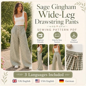 Puede incluir: Un patrón de costura digital en PDF para pantalones anchos con cordón en cuadros vichy color salvia. La imagen muestra los pantalones terminados, un primer plano de la cintura elástica con cordón e iconos de nivel principiante, tutorial y descarga.