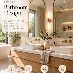 Op de afbeelding: Een badkamermeubel met een marmeren blad, twee witte rechthoekige wastafels en gouden kranen. Erboven hangen twee boogvormige spiegels met gouden lijsten en wandlampen. Tekst: CUSTOM Bathroom Design 3D VISUALIZATION SHOPPING LIST DRAWINGS & FINISH MATERIALS.