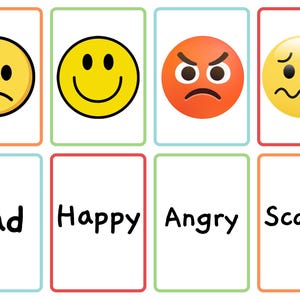 Op de afbeelding: Een set van acht rechthoekige kaarten met vier ronde emoji-gezichten die emoties weergeven. De bovenste rij toont een verdrietig geel, vrolijk geel, boos oranje en bang geel gezicht. De onderste rij bevat de tekst Sad, Happy, Angry, Scared.