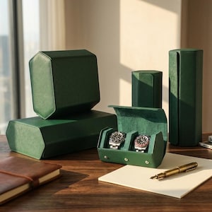 May include: A collection of dark green hexagonal watch storage cases with textured surfaces. One open case displays two silver wristwatches with black and red-blue bezels. The set includes various sizes of upright and horizontal storage containers.
