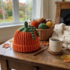 May include: A bright orange crocheted beanie shaped like a pumpkin with a green stem and curly green tendrils on top. Next to it sits a cream-colored ceramic mug with the word Coziness printed on the side, a wooden crochet hook, and a basket.
