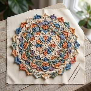 May include: A round, multi-colored crochet doily featuring a complex mandala pattern in shades of cream, dusty blue, terracotta orange, sage green, and soft purple, accompanied by two thin metal crochet hooks resting on the fabric surface.