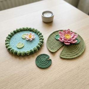 Crochet Mini Pond & Lily Pad Coaster Set Pattern PDF, Handmade Gift Crochet Pattern, Instant Download Pattern.