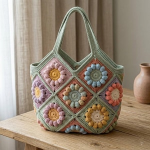 May include: A crochet tote bag constructed from sage green granny squares, each featuring a central flower motif with raised, textured petals in pastel shades of pink, yellow, blue, and peach. The bag has two integrated handles and a V-shaped top.