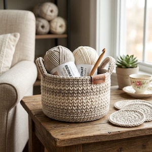 May include: A round, beige and cream crocheted basket with two handles and a brown leather tag labeled Homebody. Inside are two skeins of Bernat yarn and a wooden crochet hook. Three matching round crocheted coasters sit on the wooden surface.