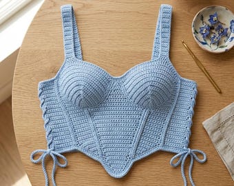 Crochet Corset Top Pattern PDF – Schnür-Sommer-Bustier DIY Digital Download, Lemon Peel Stitch häkeln Korsett Top Muster.