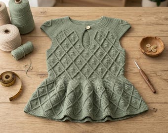 Patrón de ganchillo en PDF para top peplum con diseño de diamante, patrón de camiseta sin mangas de ganchillo para mujer, top con escote tipo ojo de cerradura, descarga digital.