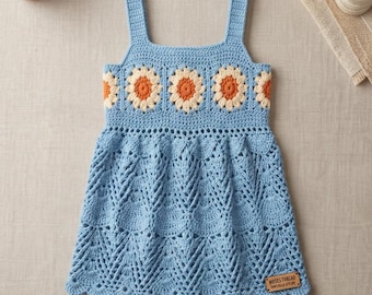 Patrón de vestido de flores de verano a crochet en PDF, vestido bohemio para niña pequeña, vestido cuadrado de abuela para bebé, descarga instantánea.