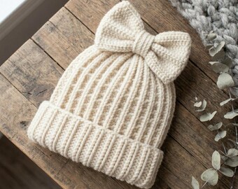Bow Beanie Crochet Pattern PDF, Ribbed Hat Pattern, Textured Winter Hat Pattern, Easy Crochet Beanie, Digital Download.