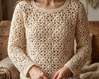 Gehäkelte Blumenspitze Pullover Muster PDF, Boho Blumenspitze Langarmtop, DIY Häkelanleitung Blumenspitze Pullover, digitaler Download.