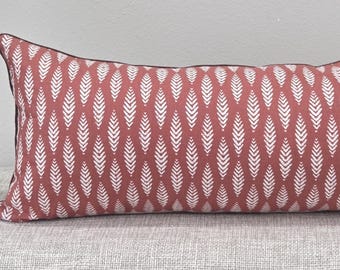 Terracotta Fern Lumbar Pillow Cover , Brown Piping, 12 x 26 inches