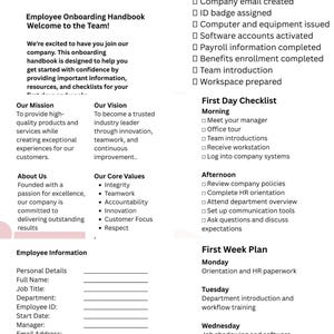 Op de afbeelding: Een wit onboarding-handboek voor bedrijven met secties voor missie, visie, kernwaarden en werknemersinformatie. Het bevat een checklist voor nieuwe medewerkers, een checklist voor de eerste dag en een plan voor de eerste werkweek.
