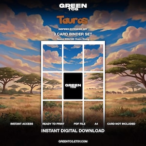 Puede incluir: Un conjunto digital de 9 tarjetas para carpeta con arte extendido de un paisaje de sabana con acacias y un cielo al atardecer. La cuadrícula incluye el texto GREEN TCG, Tauros, Inspired Extended Art, 9 Card Binder Set, Tauros #096/086 Chaos Rising, Instant Access, Ready to Print, PDF File, A4, Card Not Included, Instant Digital Download y greentcg.etsy.com.