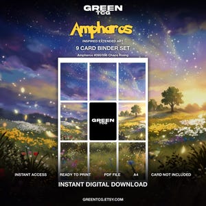 Puede incluir: Un conjunto de 9 cartas para archivador en descarga digital con arte extendido de Ampharos #090/086 Chaos Rising. El archivo PDF A4 muestra un cielo estrellado sobre un campo de flores. El texto incluye GREEN TCG, Ampharos e INSTANT DIGITAL DOWNLOAD.