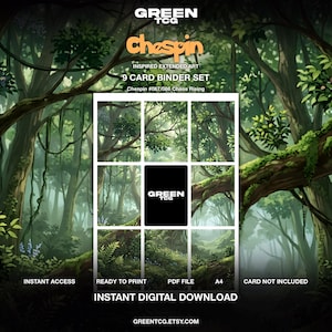 Puede incluir: Un conjunto de 9 tarjetas para carpeta Green TCG Chespin inspired extended art en descarga digital. El archivo PDF A4 presenta una ilustración de bosque dividida en una cuadrícula, con un marcador de posición negro central con el logo Green TCG.