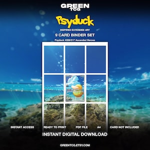 Puede incluir: Un set de 9 cartas para archivador en descarga digital con Psyduck #226/217 Ascended Heroes. La imagen muestra una cuadrícula de nueve paneles con una escena de arte extendido de una criatura amarilla en el agua, incluyendo texto como GREEN TCG y PSYDUCK.