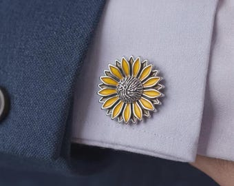 Manschettknappar med solrosmotiv för män, blommigt, bröllopspresent, brudgum, marskalkar, pappa, födelsedag, fars dag, botaniska