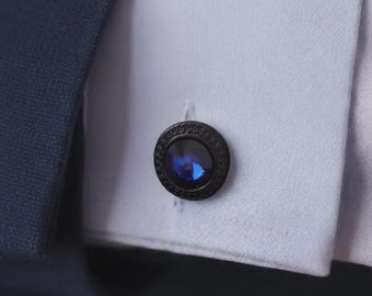Manschettknappar i blå safir: Handgjorda retro bröllopsaccessoarer i rostfritt stål