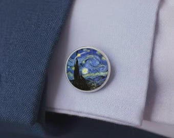 Manschettknappar med stjärnklar natt • Manschettknappar inspirerade av Van Gogh • Konstnärlig gåva för män • Handgjorda retrosmycken