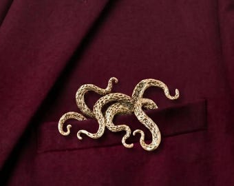 Broche de pulpo dorado, clip para pañuelo de bolsillo con forma de pulpo esculpido, accesorio para traje de hombre