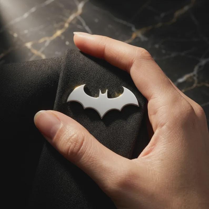 May include: A silver-toned metal lapel pin shaped like a stylized bat silhouette. The pin is attached to a piece of black textured fabric. The bat design features a central pointed head and two symmetrical wings with scalloped edges.
