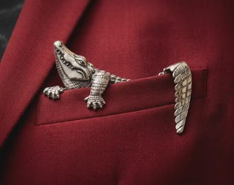 Silver Metal Crocodile Pocket Square Pin – Alligator Lapel Accessory, Retro Gentleman Style