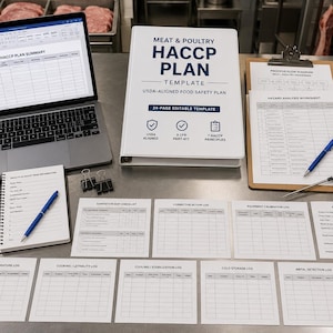 May include: A Meat & Poultry HACCP Plan template binder, a laptop displaying a plan summary, a clipboard with a process flow diagram, a digital thermometer, a notebook, various log sheets, a white hard hat, a metal mesh glove, and a USDA manual.