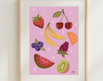 Colorful arranged fruits hand illustrated art print