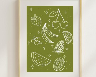 Green and white fine line fruit illustration print