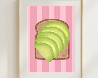 Pink Stripe Avocado Toast Paper Illustration Wall Print