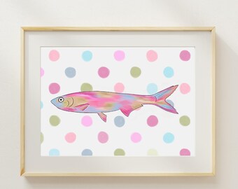 Little Fishy sardine pink blue pastel polka dot hand illustrated art print