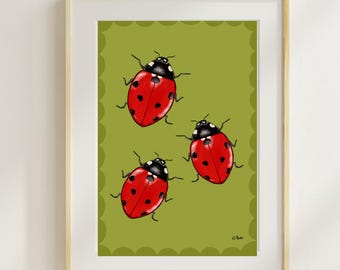 3 Little Ladybugs hand illustrated art print
