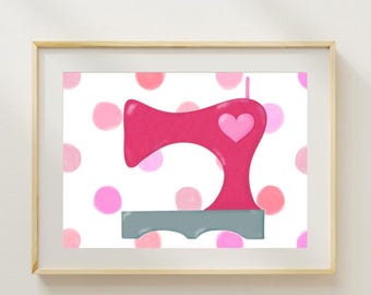 Sweet pink sewing machine hand illustrated art print