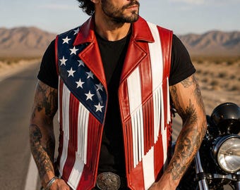 American Flag Leather Vest, Western Fringe Biker Waistcoat, Patriotic Motorcycle Style