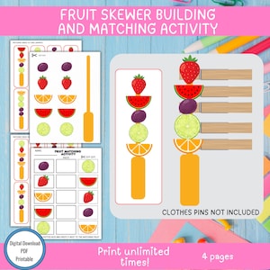 Peut inclure: Un ensemble d'activités imprimables de construction et d'association de brochettes de fruits avec des illustrations de fraises, pastèques, raisins, citrons verts et oranges. Les pages incluent des découpages et des grilles. Texte : CLOTHES PINS NOT INCLUDED.