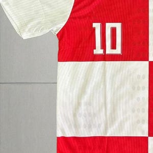 Pu&ograve; includere: Una maglia a maniche corte con un motivo a scacchi rossi e bianchi sul davanti con il numero 10 stampato in bianco. La manica include una piccola grafica colorata e il testo 2024. La parola wlegjersey &egrave; stampata nella parte inferiore.