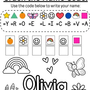 以下が含まれることがあります： Crack the Name Codeというタイトルの印刷可能なアクティビティシート。記号と文字を対応させる凡例が記載されています。Oliviaという名前を解読するための枠の列と、虹、ハート、蝶、クレヨンの線画イラストが含まれています。