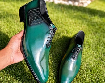 Zapatos de vestir de cuero verde, hechos a mano, formales, con cordones y punta afilada, calzado de lujo para bodas.