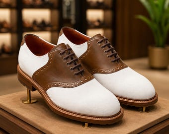 Handmade Brown & White Leather Brogue Shoes for Men | Two-Tone Lace-Up Dress Oxfords
