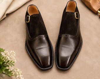 Chaussures habillées marron foncé à brides moine pour hommes | Cuir et daim faits main | Chaussures de bureau pour mariage