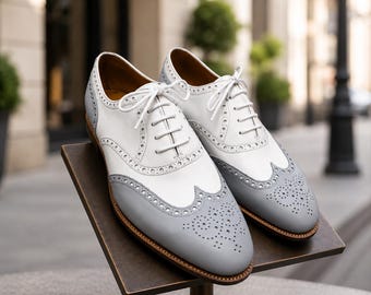 Sapatos Oxford Brogue de couro bicolor feitos à mão para homens, calçado formal de luxo.