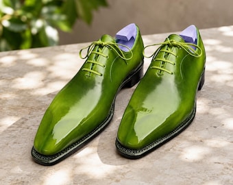 Green Patina Oxford Shoes, Square Toe Leather Dress Shoes for Men Formal Lace Up